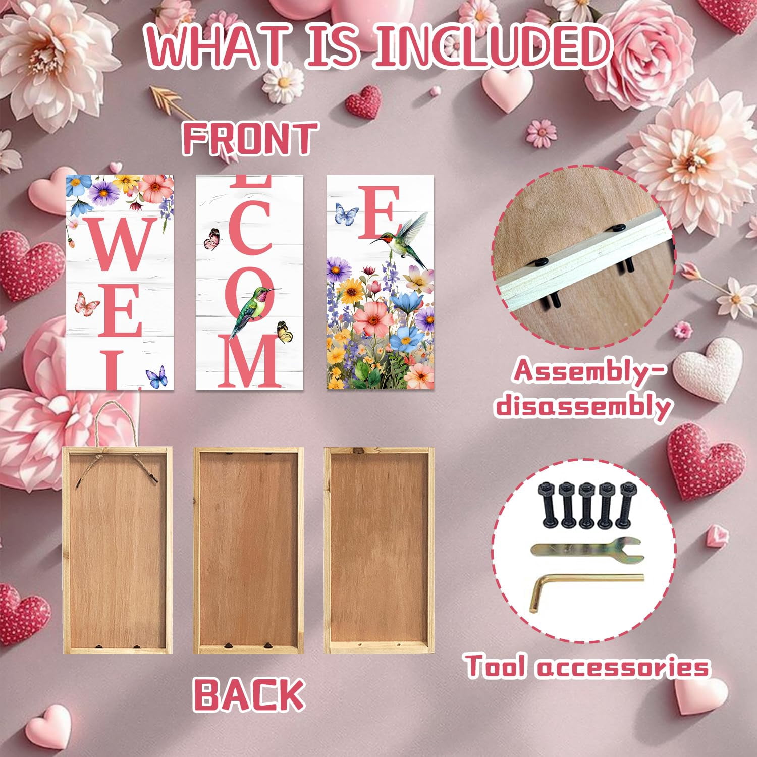 Hummingbird Welcome Sign For Front Door  Spring Porch Tulip Flowers Outdoor Yard Seasonal Tall Floral Wildflowers Wood Garden Patio Wall Home Decor