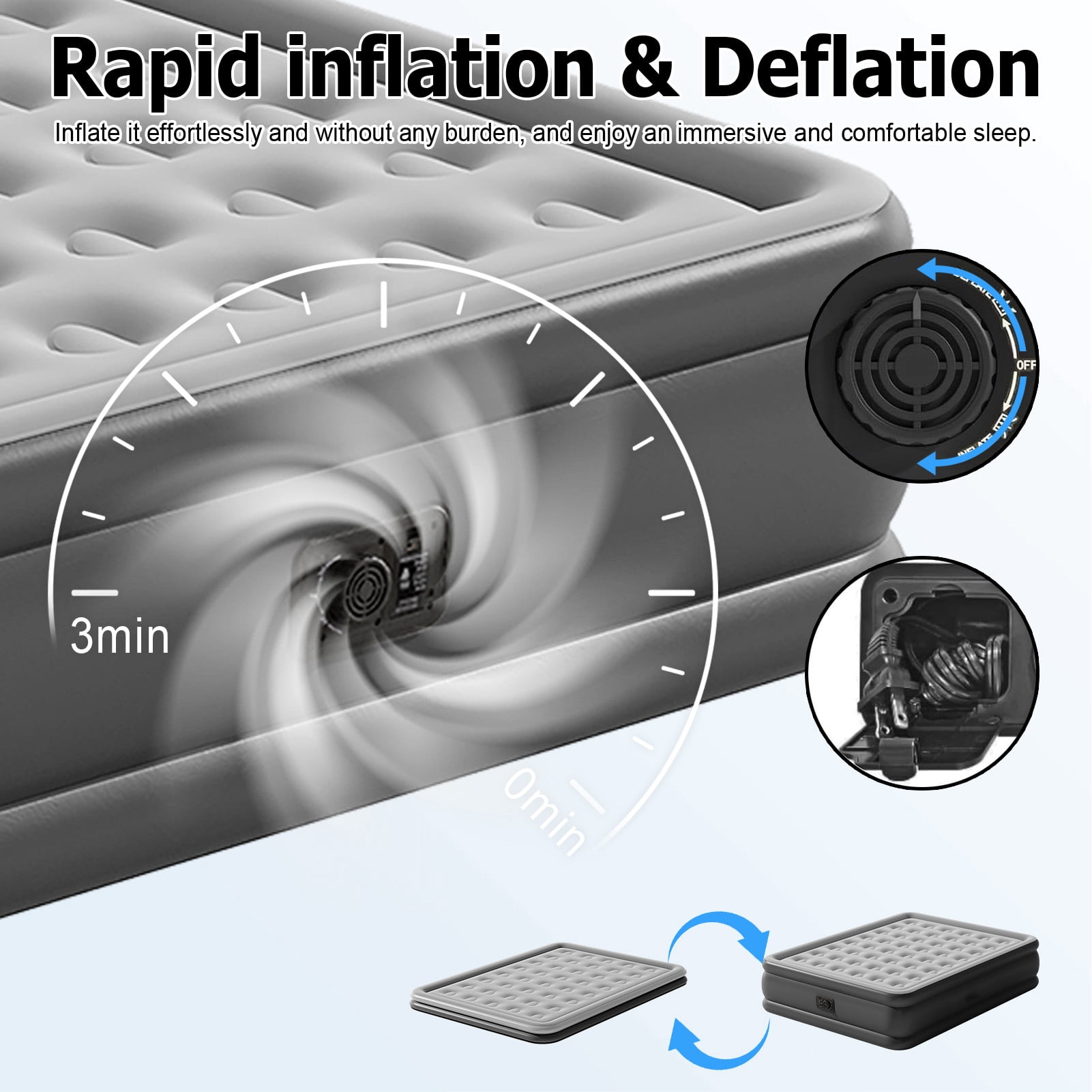 Full Air Mattress with Built-in Pump 18" Top Flocking,Raised Comfort,Fast Inflation/Deflation Foldable Portable Air Bed with Storage Bag for Home,Camping,Guests Gray