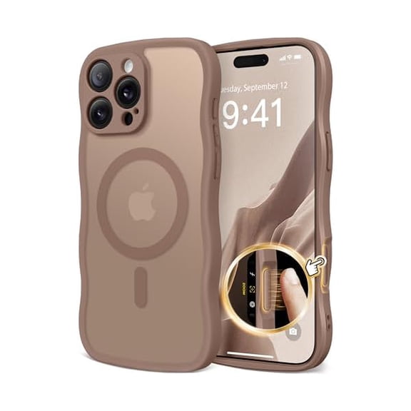 Eryueer for iPhone 16 Pro Case for Women Girls, Upgraded [Full Camera Protection] [Compatible with MagSafe] Cute Wave Translucent Matte Phone Case for iPhone 16 Pro, Brown