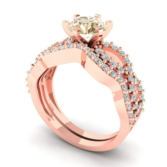 1.52 ct Brilliant Round Cut Natural Morganite 18K Rose Gold Solitaire with Accents Engagement Bridal Wedding Ring Band Set size 3.5