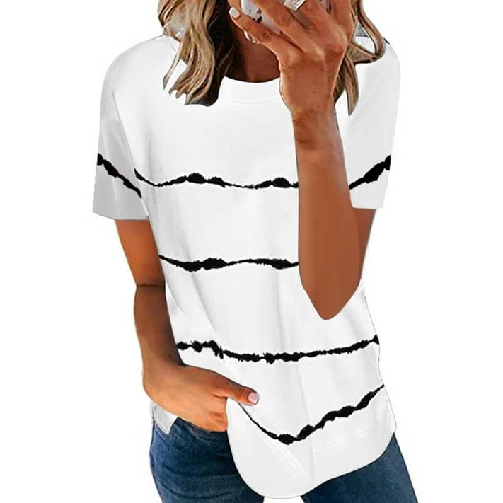 MOSHU T shirts for Women Short Sleeve Shirts Wave Striped Womens Tops ...