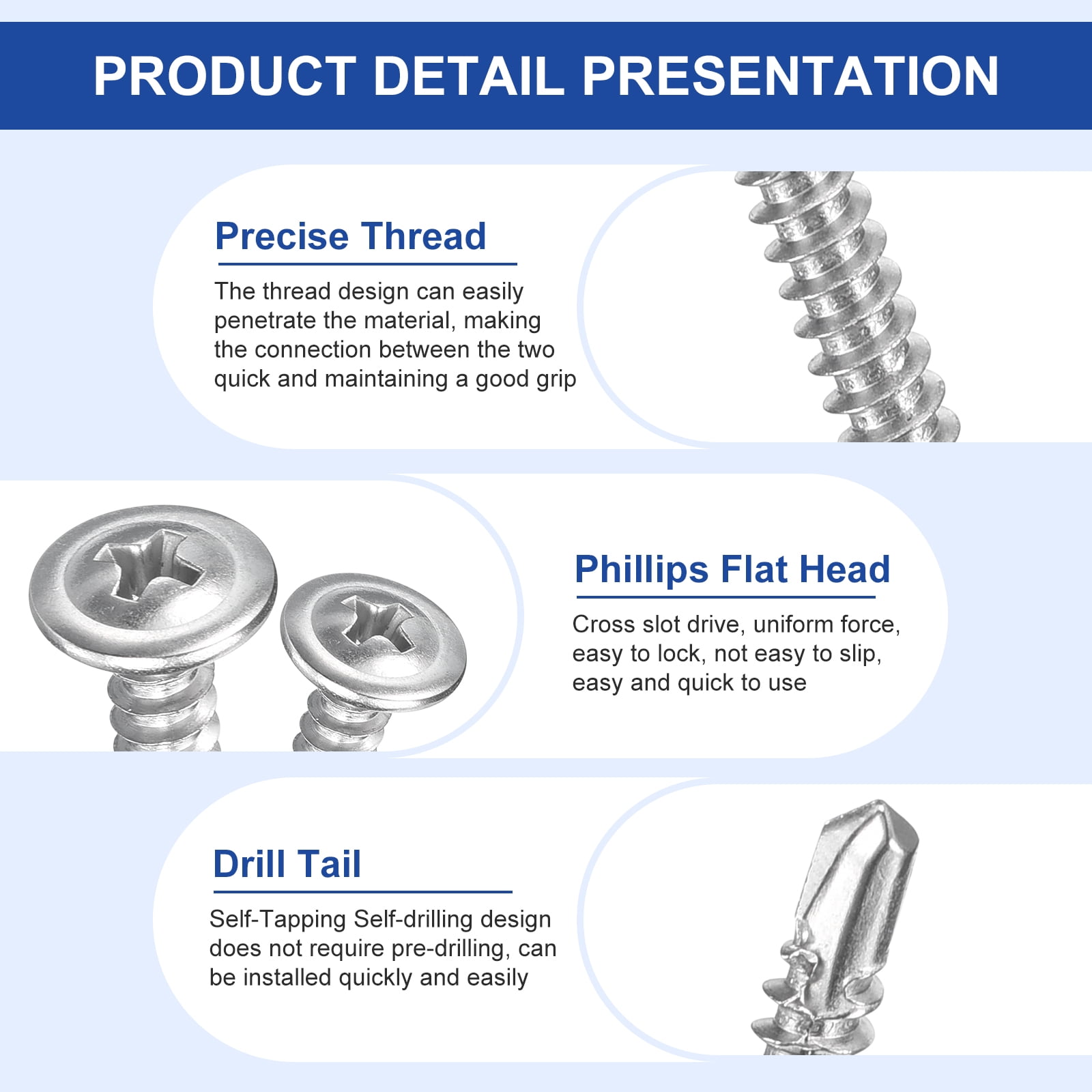 150Pcs #10x1-1/2" Self-Tapping Screws, 410 Stainless Steel Phillips Self Drilling Screws Flat Head Sheet Metal Screws for Industry, Furniture Repair, Silver