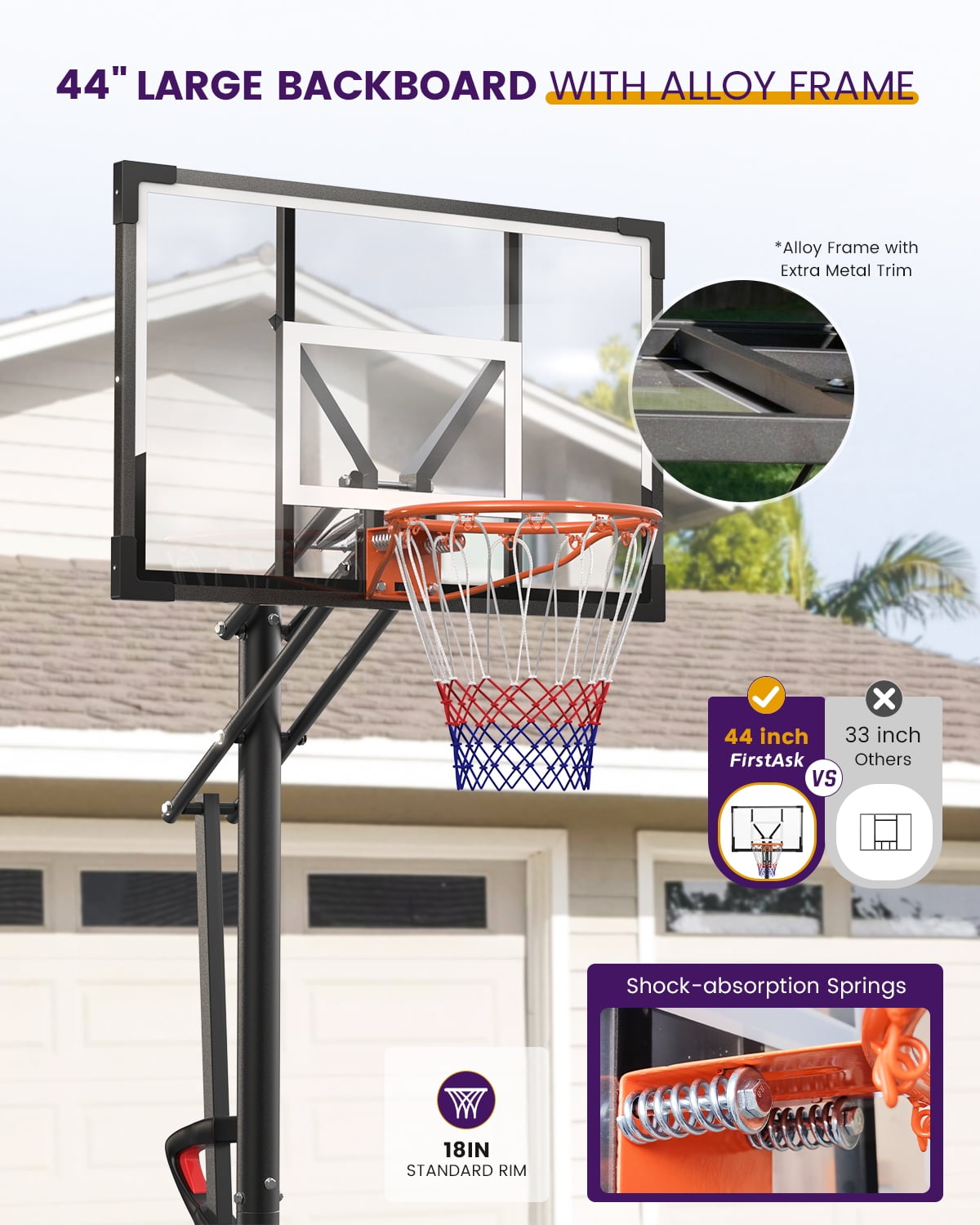FirstAsk 44" Portable Basketball Hoop & Stand with Adjustable Height (4.9-10 ft) for Kids, Teens & Adults