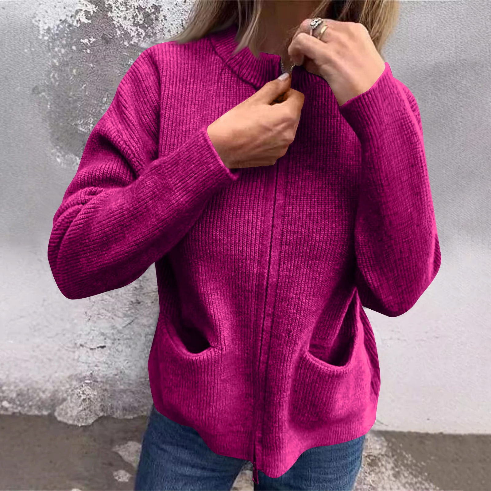 Women's Knitted Jacket Casual Comfy Stand Collar Sweater Solid Zip Up Jacket Coat Lightweight Fall Winter Ribbed Knit Sweater Hot Pink L - image 4