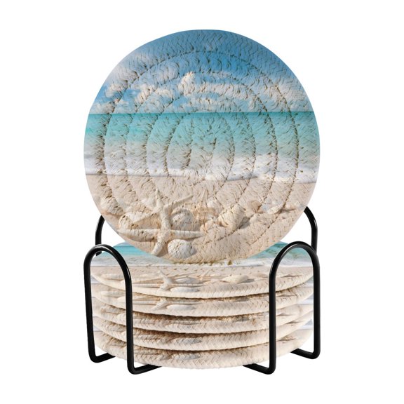 Beach Shells Sea 6 Pcs Drink Coasters with Holder Absorbent Coasters Woven Coasters for Drinks Table Desk Protection Home Decor