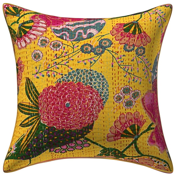 Stylo Culture Ethnic Chair Seat Throw Pillow Cover 16x16 Kantha Yellow Printed 40 x 40 cm Living Room Decor Cotton Tropicana Square Cushion Cover | 1 Pc