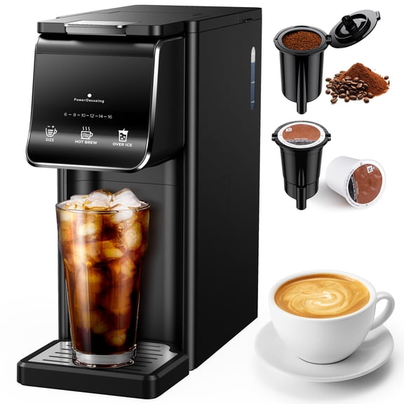 2-in-1 Hot & Iced Single-Serve Coffee Maker - K-Cup & Ground Coffee Compatible with Bold Brew, Reusable Filter & Travel Mug Friendly | Black