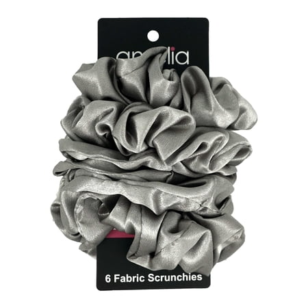 Amelia Beauty Products Gray Imitation Silk Scrunchies 4.5in Diameter Gentle on Hair Strong Hold No Snag No Dents or Creases. 6 Pack