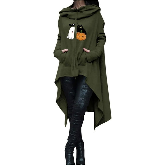 Women's Fashion Autumn And Winter Mid Length Long Sleeve Solid Color Halloween Print Straight Hoodie