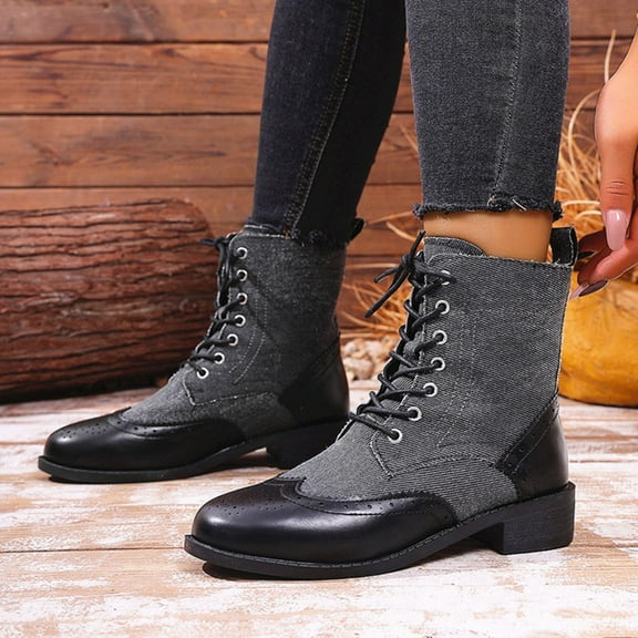 Wowcloth Women's Fashion Casual Winter Boots – Thermal Plus Size Round-Toe Mid-Heel Lace-Up Denim Patchwork Ankle Boots for Casual Outfit
