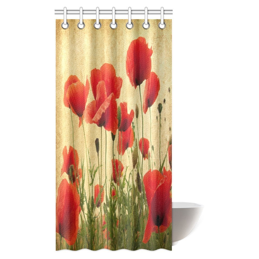 Mypop Poppy Decor Shower Curtain Spring Wildflower Poppy Leaf Garden
