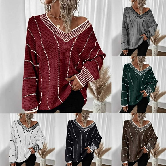 XPMWRP Women's Oversized Striped Tunic Sweaters Casual V Neck Long Sleeve Color Block Knit Trendy Pullover Jumper Tops Black XL