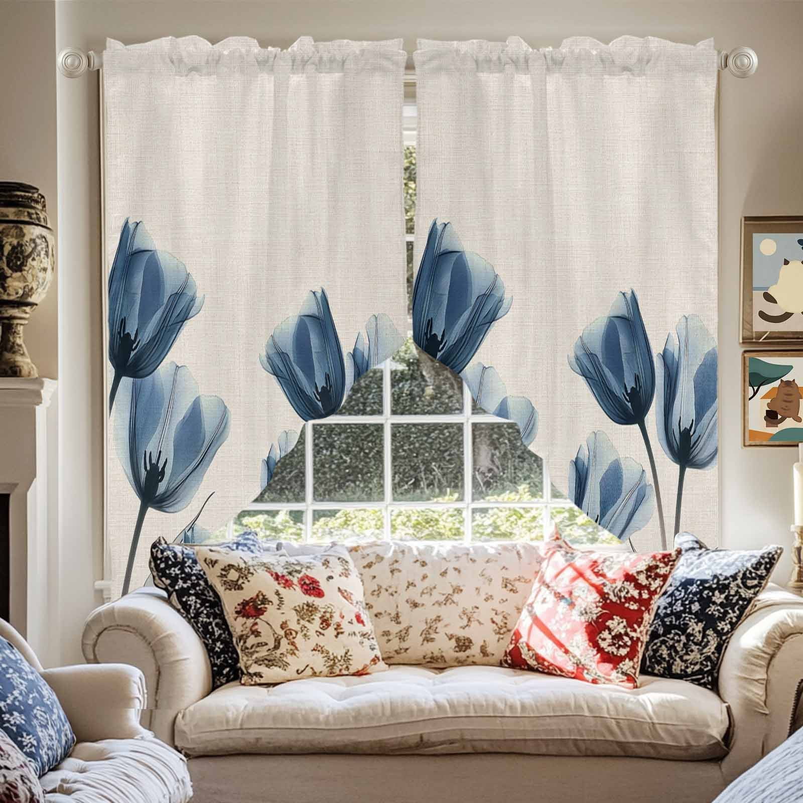 Navy Blue Swag Valances for Windows 2 Pack Tulip Minimalist Modern Flower Art Linen Background Swag Kitchen Curtains 45 Inches Long Rod Pocket Short Window Treatment for Kitchen Bathroom 36"x45"