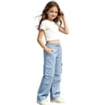 thumbnail image 4 of Cargo Pants for Girls Wide Leg High Waist Parachute Pants with Pockets & Drawstrings (Light Blue 5-6 Years), 4 of 6