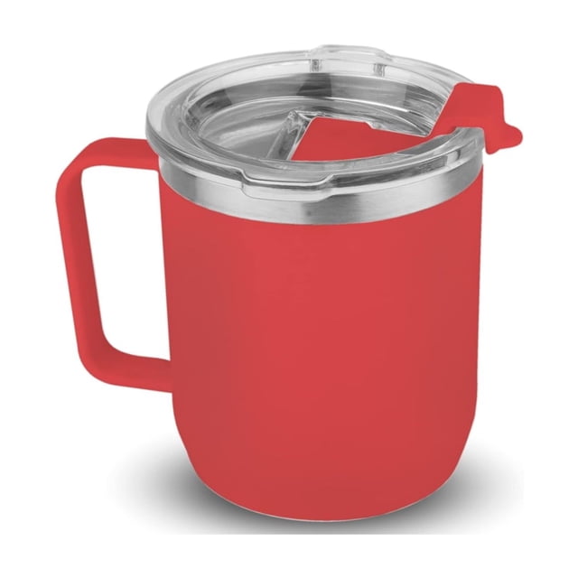 Vaccum Insulated Stainless Steel Coffee Mug With Handle - Red, 350ml | Premium Clear Cap Mug With Lid Flip Top - Leakproof Travel Coffee Mugs, Tea Cup | Easy To Clean, Freezer Safe, Non-slip
