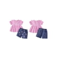 thumbnail image 2 of BemeyourBBs Toddler Baby Girl Summer Clothes Denim Outfits Plaid Short Sleeve Tunic Shirt Tops Strawberry Bowknot Floral Embroidery Jeans Shorts Set, 2 of 9