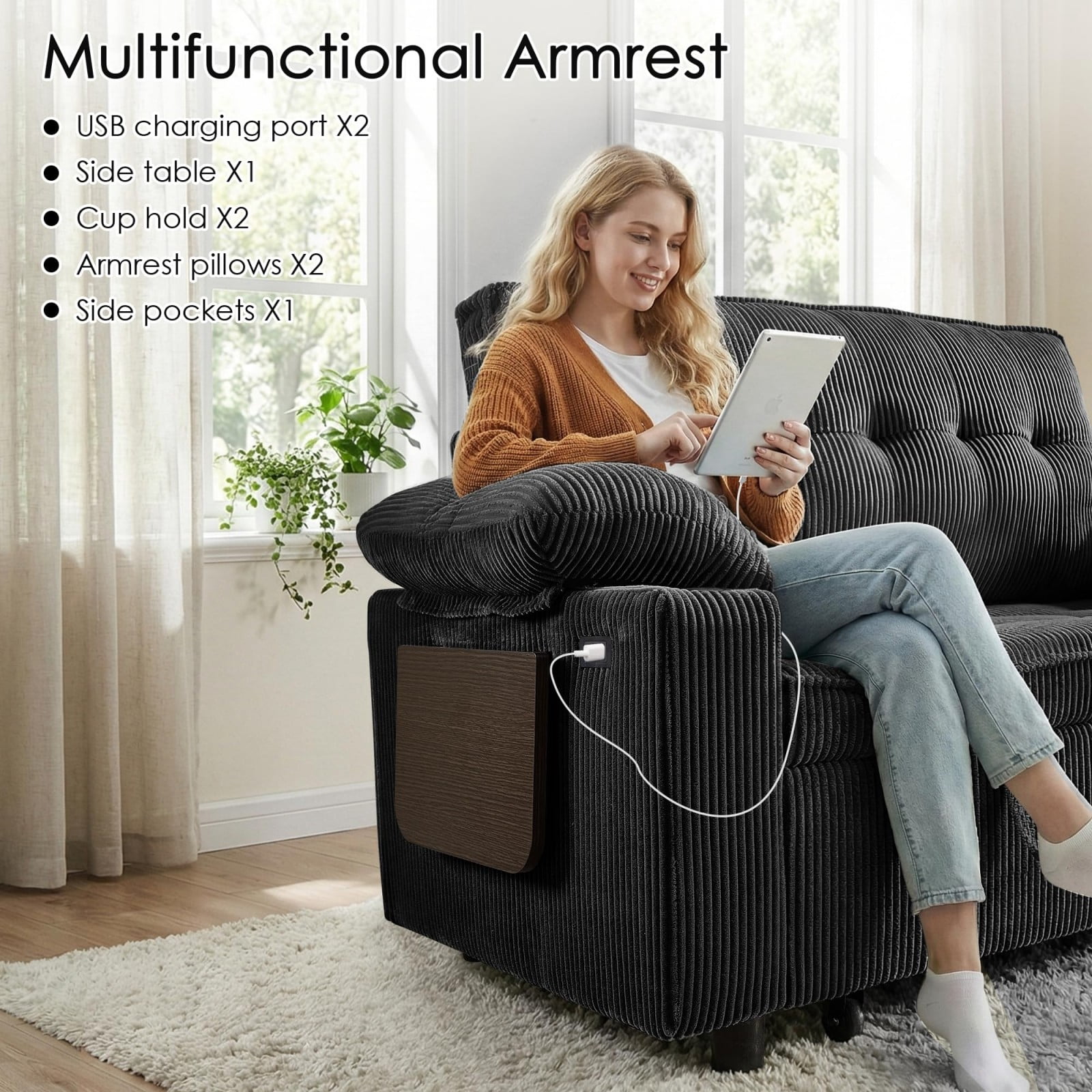 58" Sleeper Sofa Bed, Convertible Pull Out Couch Full Size Loveseat with Corduroy Fabric, USB Charging, Adjustable Backrest for Living Room Apartment Office, Black
