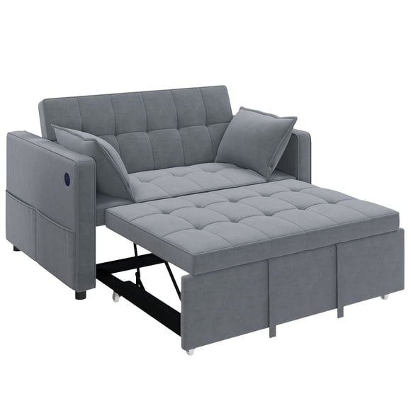 3-in-1 Convertible Sofa Bed, Dark Grey Holland Velvet Sleeper Sofa with USB Charging Ports, 7-Level Adjustable Backrest & Side Pockets, Modern Small Space Solution for Living Room