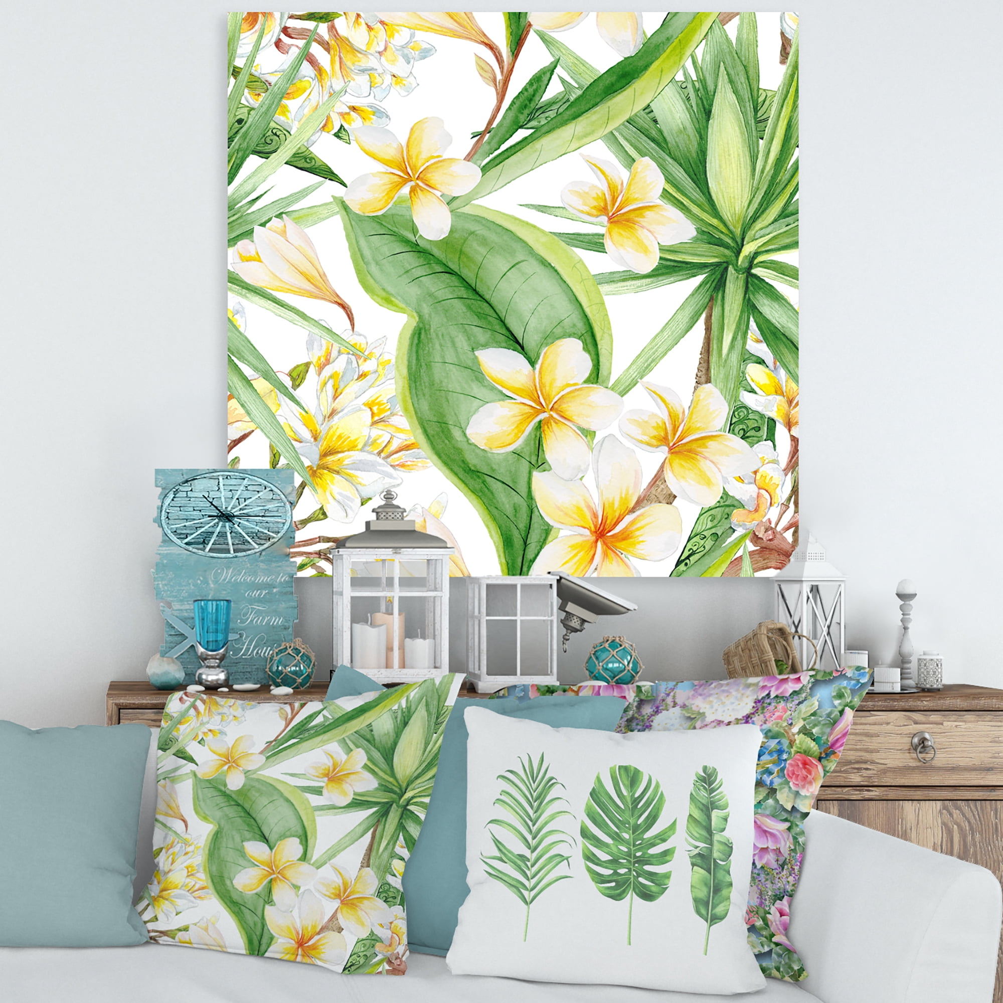 Designart ' Yellow Flowers and Tropical Foliage VII ' Modern Canvas Wall Art Print