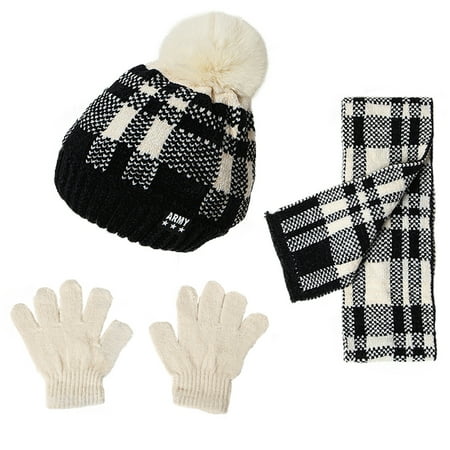 

3Pcs Kids Winter Hat Scarf Gloves Set for Bay Boys Girls Plaid Knit Thick Warm Fleece Lined Thermal Sets