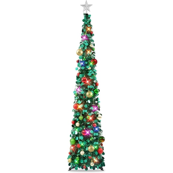 Pop Up Christmas Tree with Lights & 40 Balls, 6Ft Collapsible Green Tinsel Christmas Tree Decorations, Pencil Christmas Tree Skinny Christmas Tree for Holiday Xmas Home Office Decor