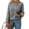 thumbnail image 2 of Lenpel Women's Long Sleeve Tops Trendy Notched V Neck Striped Textured Knit T Shirts Soft Casual Tees Loose Tunic Blouses(Black,Small), 2 of 7