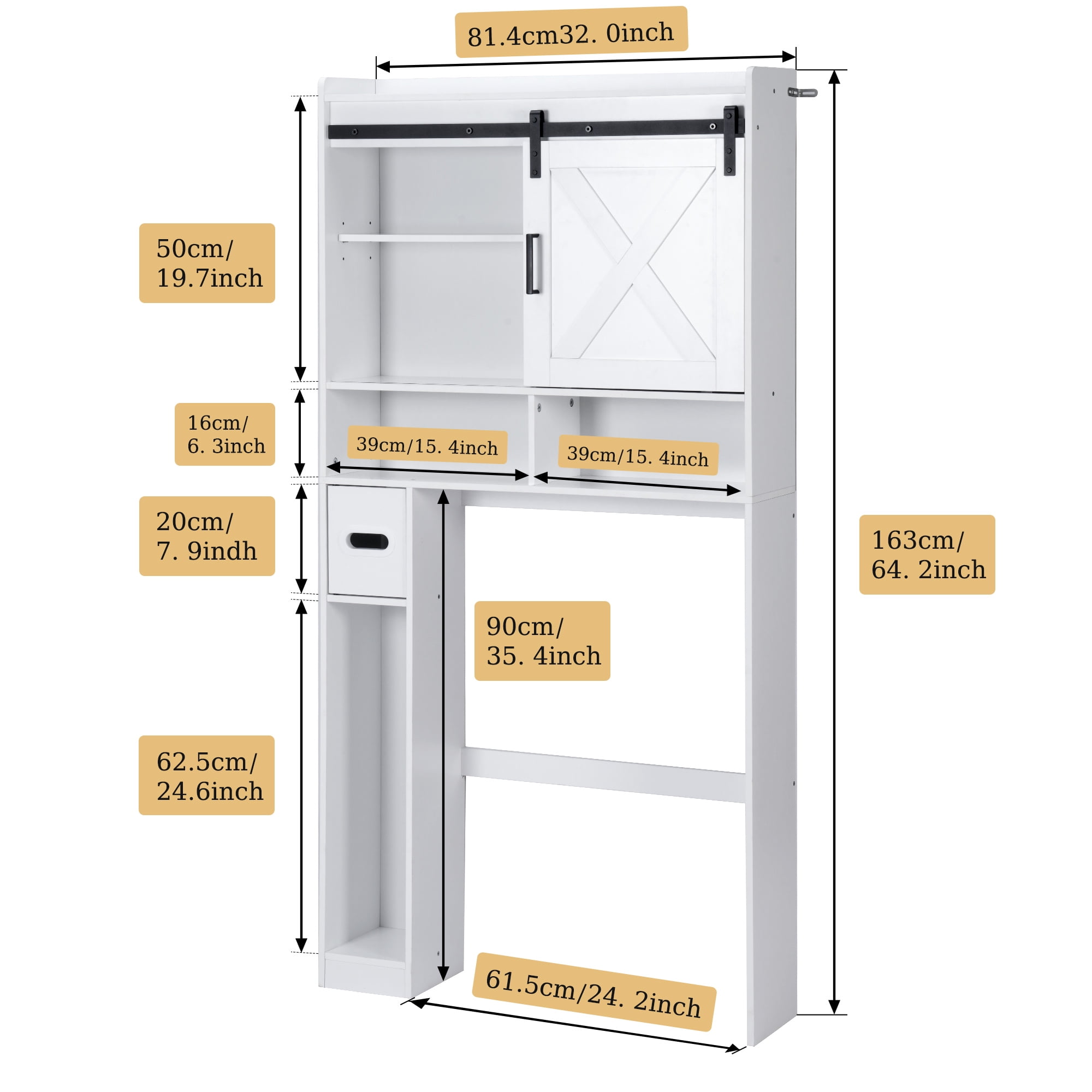 Evmore Over the Toilet Storage Cabinet, Freestanding Bathroom Organizer with Adjustable Shelves, Waterproof, 65" H x 32" D x 7.7" W, White