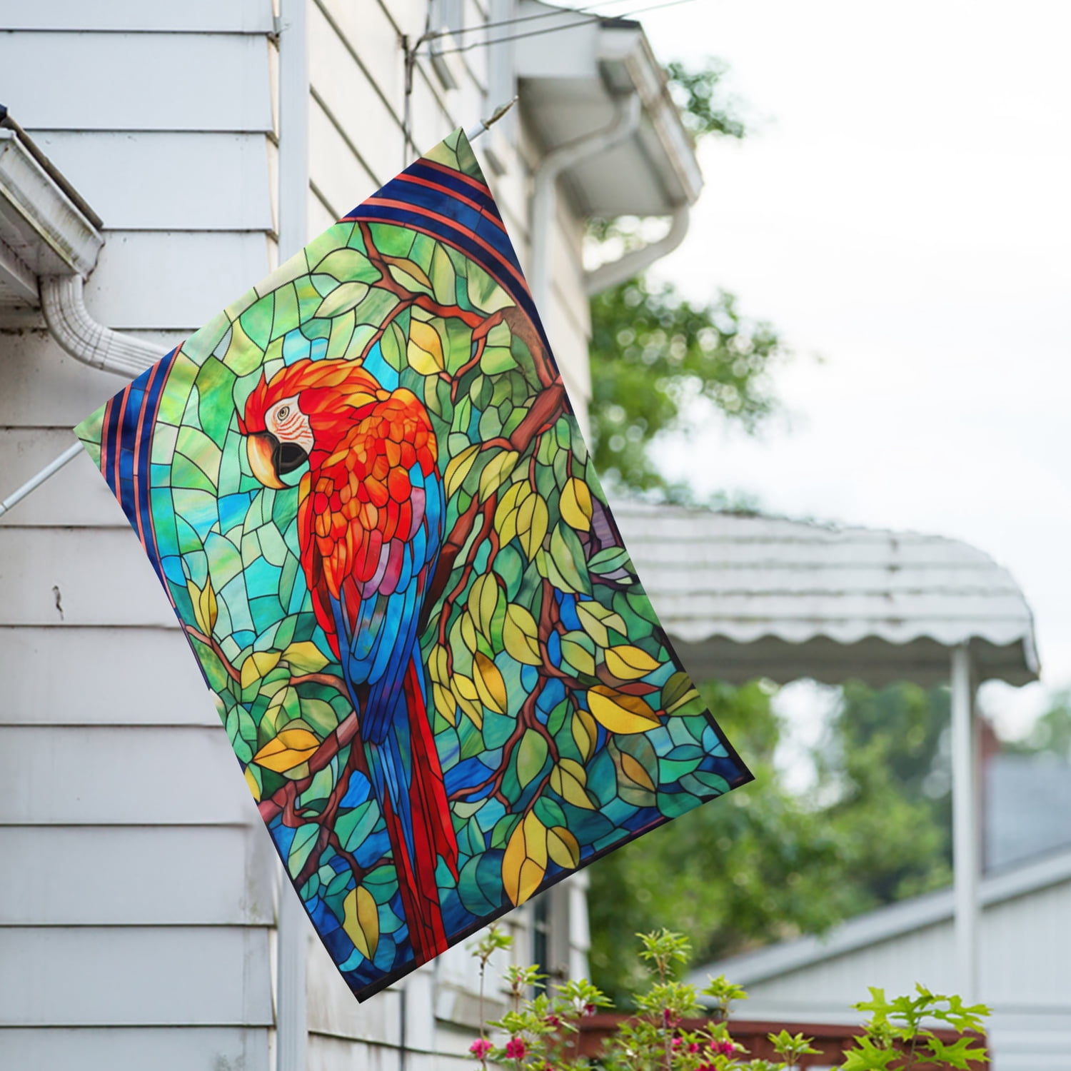America Forever Colorful Glass Parrot House Flag, 28 x 40 inch Double Sided, Stained Glass Macaw Tropical, Exotic Bird Colorful Outdoor Decorative Flag