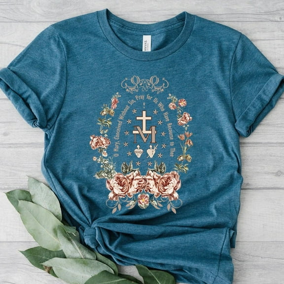 Marian Catholic T-Shirt, Virgin Mary T Shirt, Catholic Gifts For Women, Catholic T-Shirt, Marian Cross Shirt, Floral Women Religious Shirts Unisex S-5XL Hot Trending Shirt, Vintage Birthday Gift