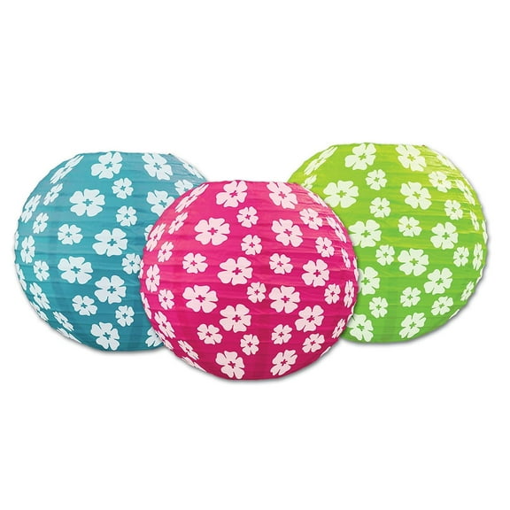 Beistle 9 1/2" Hibiscus Paper Lantern; Cerise/Light Green/Turquoise 6/Pack 54574
