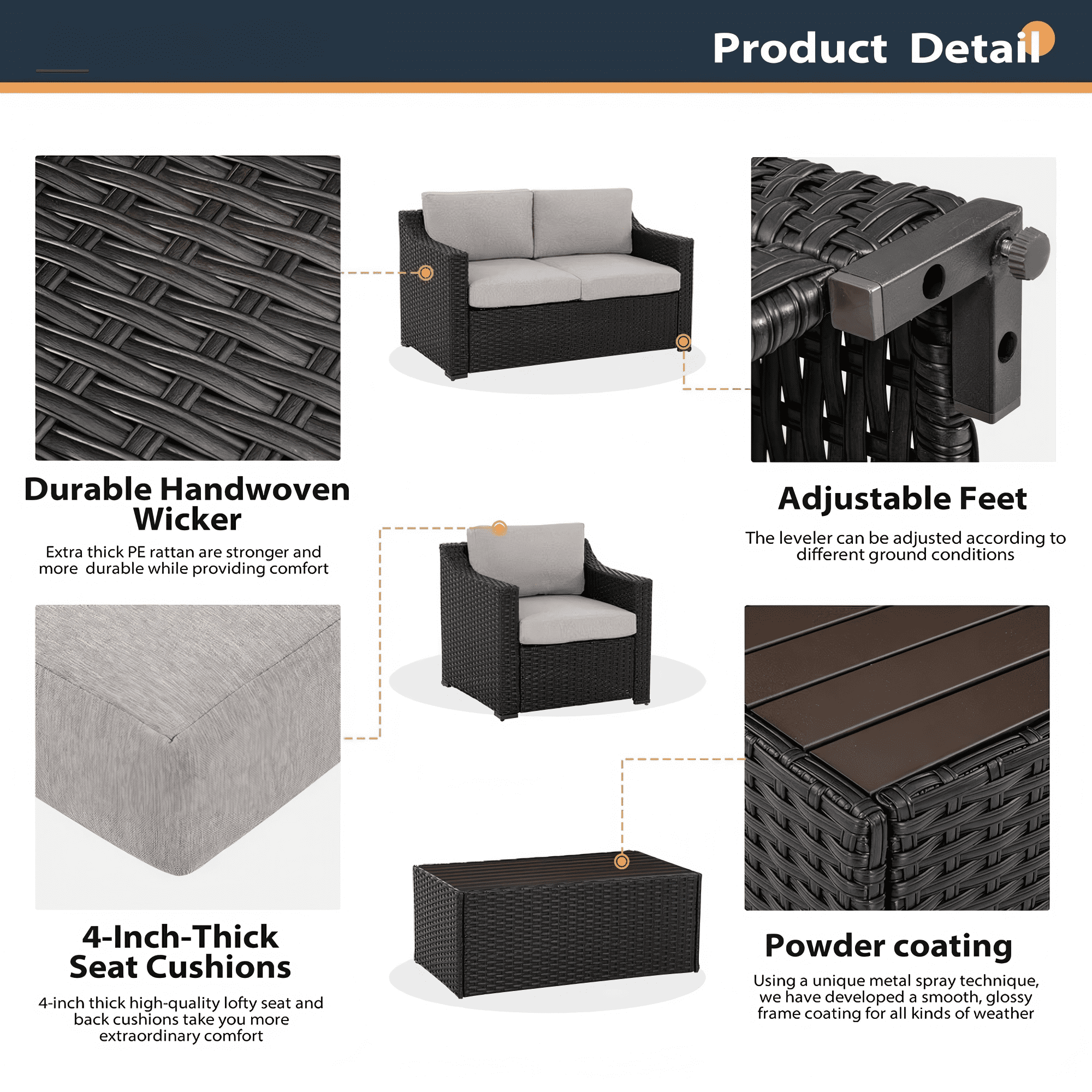 4 Piece Patio Furniture Set Outdoor Wicker Rattan Sofa Set with Loveseat Chairs Wood Coffee Table Cushioned Seating for Backyard Porch Garden (Brown/Grey)