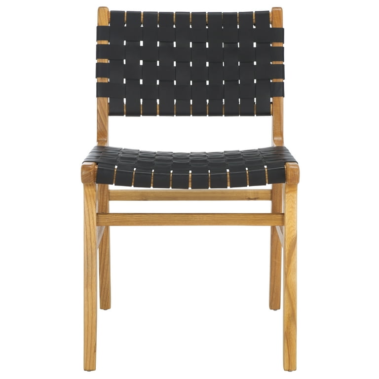 TEAK & LEATHER DINIG CHAIR② SAFAVIEH Taika Woven Leather Dining Chair, Natural Wood, Black