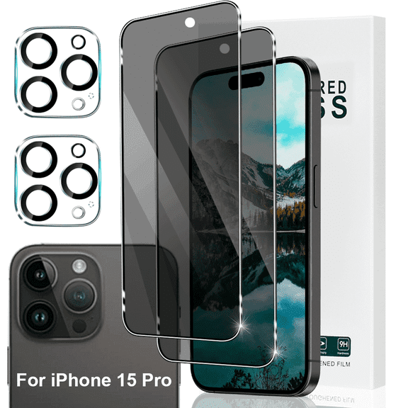 2 2 Pack For IPhone 15 Pro Privacy Screen Protector with Camera Lens Protector, Full Coverage, Anti-Spy Tempered Glass Film, 9H Hardness,Easy Installation,Bubble Free [6.1 inch]