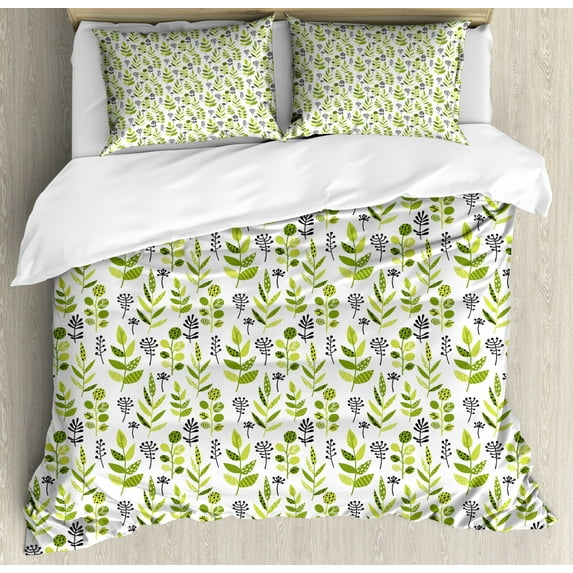 Botanical Duvet Cover Set Queen Size, Leafy Branches and Herbs on a Plain Background, Decorative 3 Piece Bedding Set with 2 Pillow Shams, Olive Green Yellow Green Dark Taupe and White, by Ambesonne