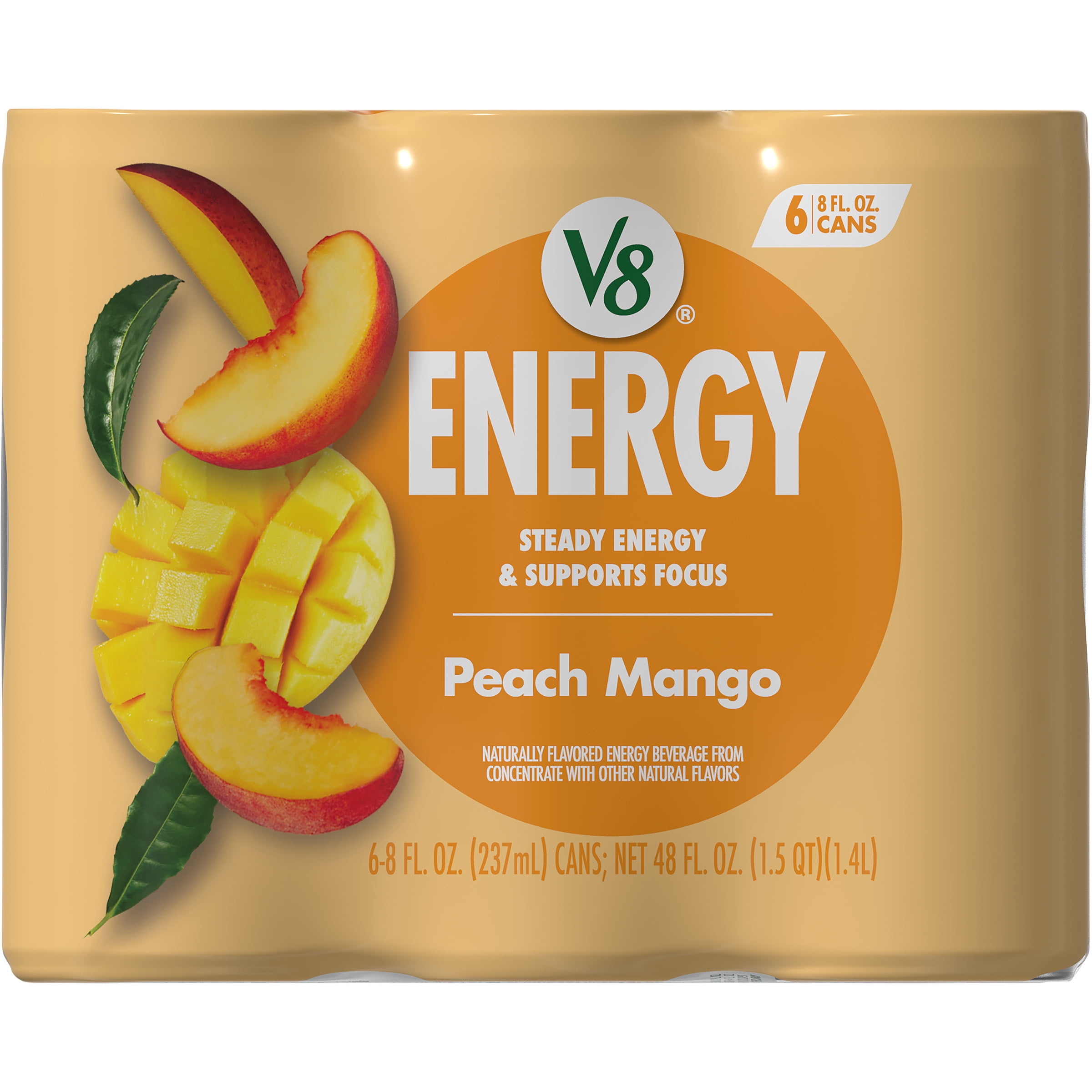 (4 pack) V8 Energy Peach Mango Energy Drink, 8 fl oz Can, 6 pack
