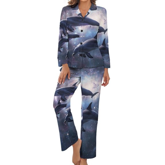 Dolphins in Space Women's Long Sleeve Flannel Pajama Set Sleepwear S