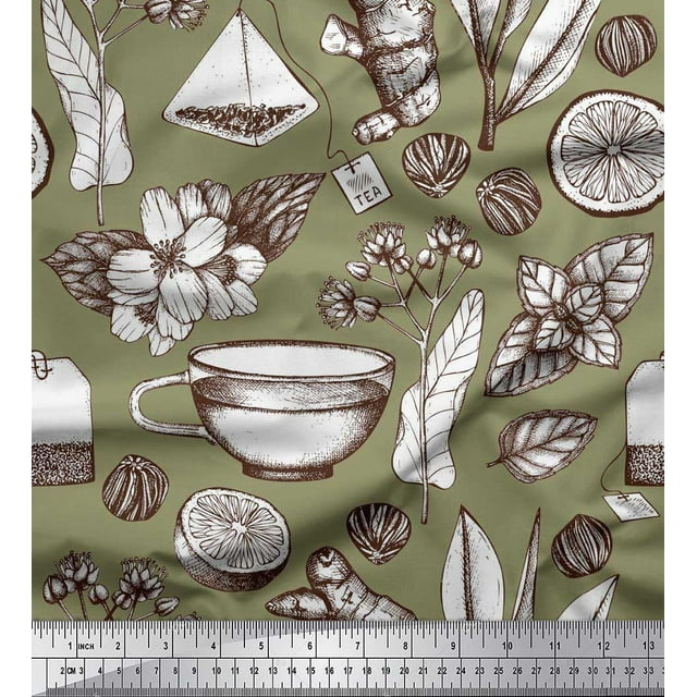Soimoi Velvet Fabric Tea Cup,Lemon Slice & Ginger Vegetable Print Sewing Fabric Yard 58 Inch Wide