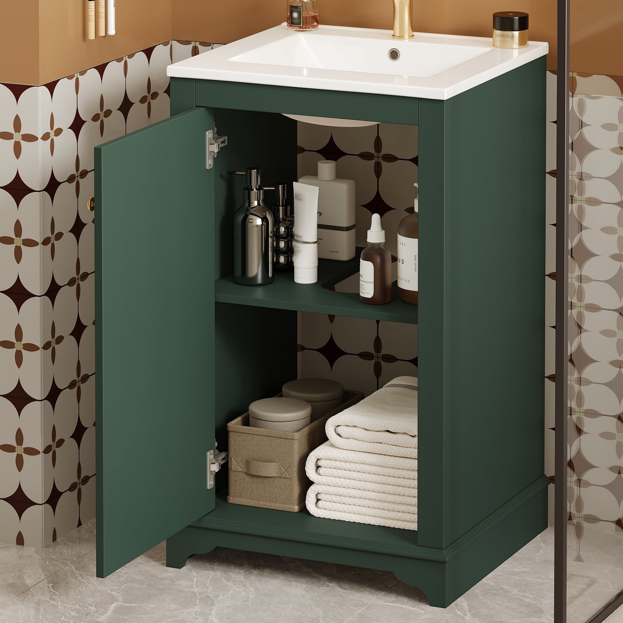 Euroco 20-inch Bathroom Vanity with Ceramic Sink, Freetanding Single Vanity Set with Soft Closing Door, adjustable shelf, Modern Style, Green.
