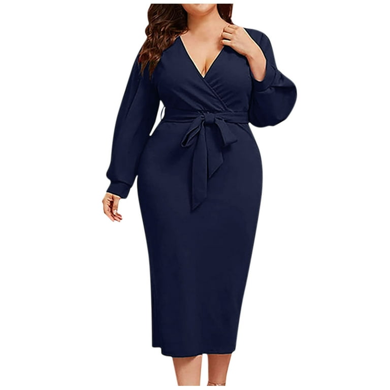 VSSSJ Women Plus Size Long Sleeve Belted Elegant Dresses Sexy V