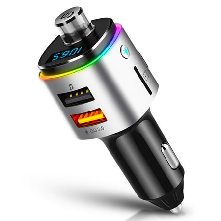 TSV Bluetooth Car FM Transmitter, RGB LED Backlit Wireless Hands-free Calling Car Adapter with Quick Charger 3.0 Dual USB Charging