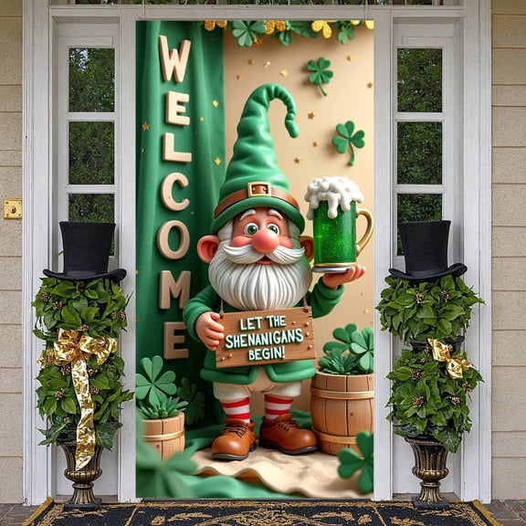 Green Theme St. Patrick's Day Banner Shamrock Pattern Gnome Backdrop Gold Stars Wooden Sign Festival Display for St. Patrick's Day Party Celebration Indoor Decoration