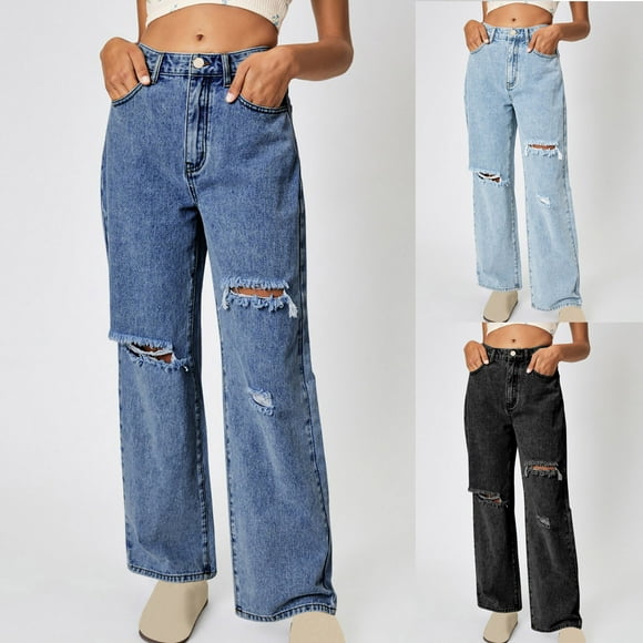 QIUOMBBP Women Wide Leg Jeans Baggy Ripped Boyfriends Jeans Loose High Waist Denim Pants Distressed Trendy Y2k Pants with Pockets, Light Blue, S