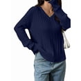 thumbnail image 3 of Women Long Sleeve Cable Knit Sweater Fashion V Neck Fitted Pullover Top Business Casual Fall Outfits Navy Blue M, 3 of 7