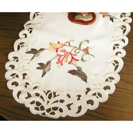 

ZHOUJIA Floral Hummingbird Embroidered Table Runner with Hummingbirds and Trumpet Vine Flowers on Cream 14 by 34 Inch Machine Washable