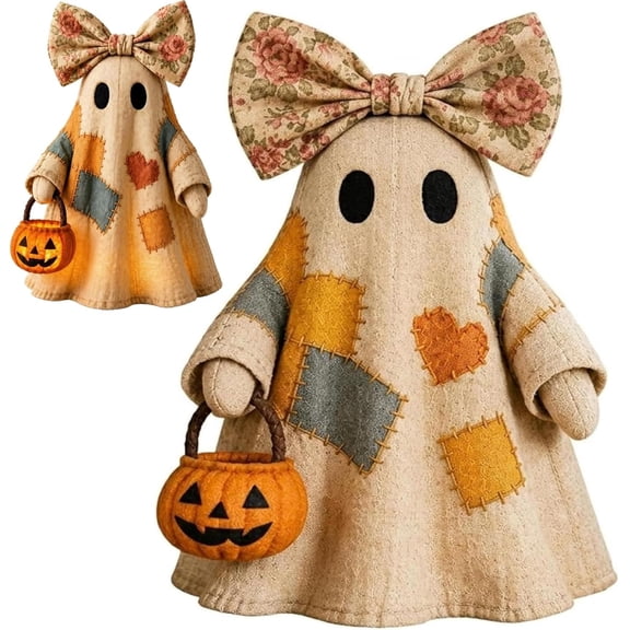 13.8" Lighted Vintage Patchwork Ghost, Light Up Ghost with Pumpkin Lantern Halloween Decor, Rustic Farmhouse Halloween Figurine, Rustic Fall Figurine Decoration for Mantel Shelf Entryway Porch