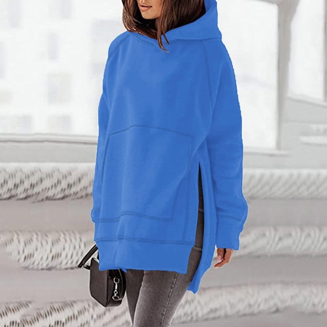 Meichang Sweat à Capuche Surdimensionné pour Femmes Manches Longues Raglan Décontracté Mode Fendu Côté Ourlet Haut Bas Pull Uni