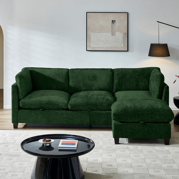 96.5" Sectional Couch for Living Room, Upholstered Soft Chenille Fabric Sofa, 3-Seater with One Ottoman L Shape Sofa (Green)
