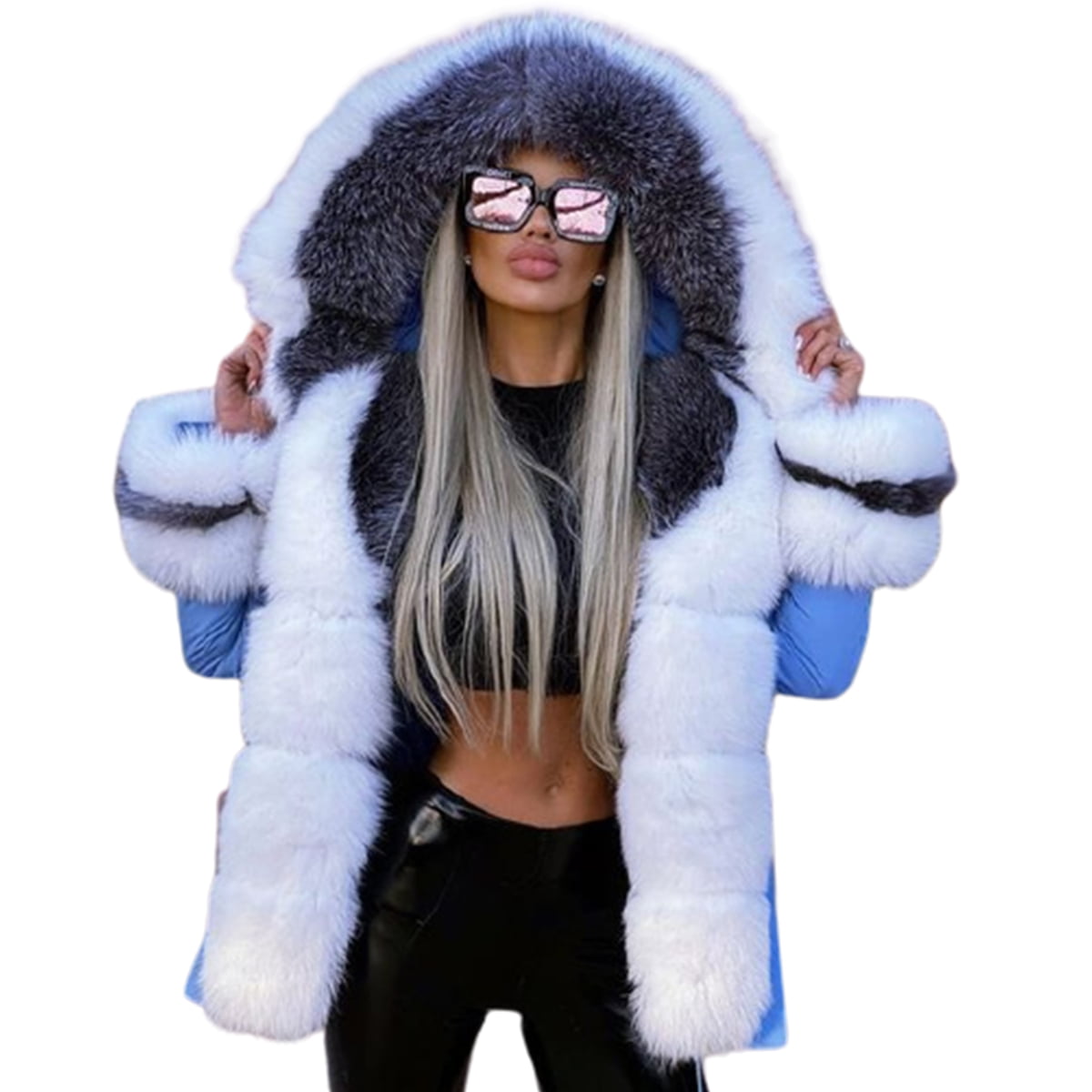 L White S,Manufacturer BLady Womens Classy 2 Color Faux Mink & Silver Fox Fur Medium Hooded Coat