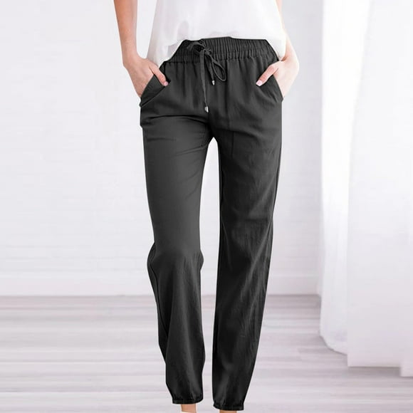 RKSTN Womens Pants Woman Solid Color Cotton And Linen Drawstring Elastic Waist Long Straight Pants Soft Loose Straight Leg Hiking Pants