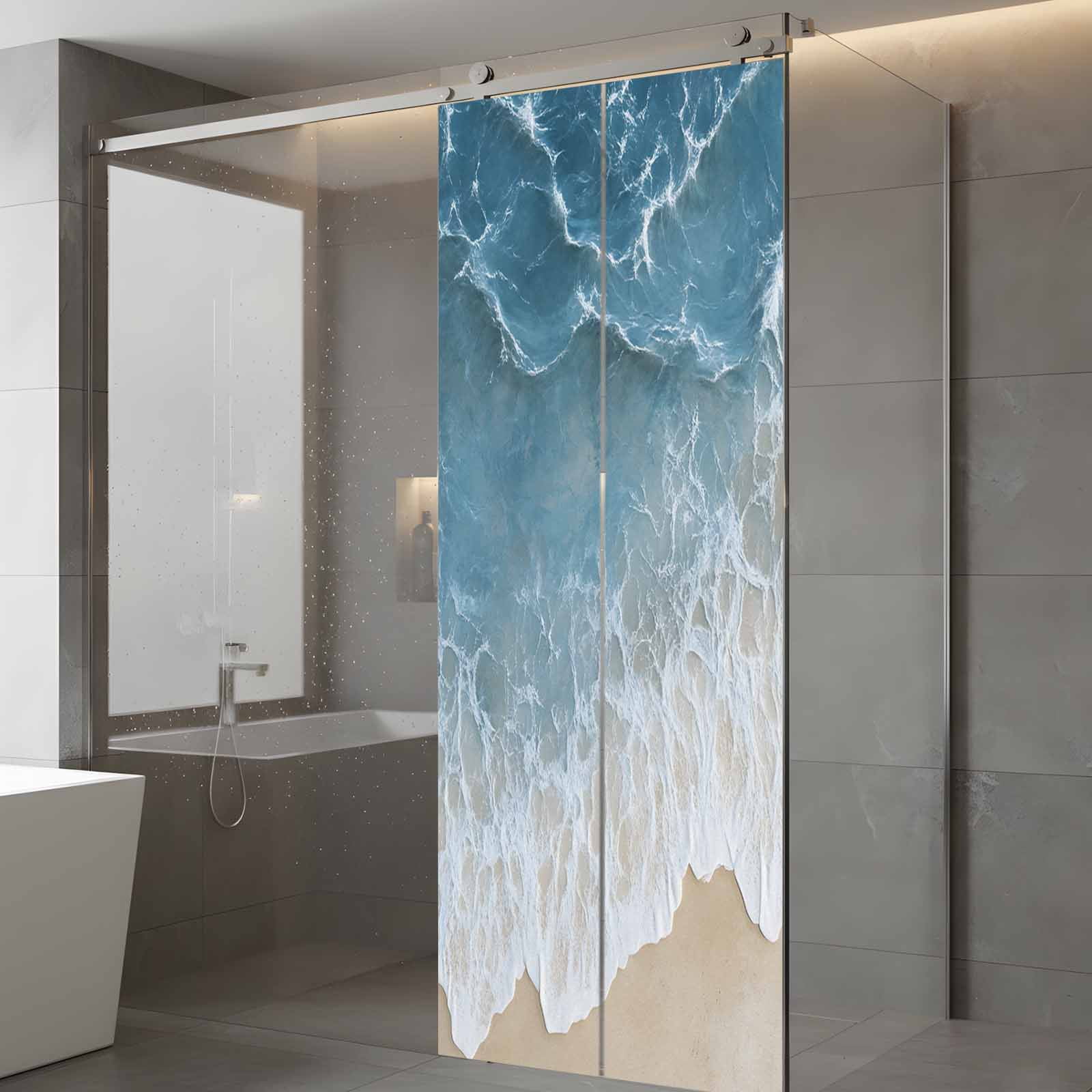 Wave Effect Modern Art Window Privacy Film, Abstract Blue Beach Frosted Glass Window Clings Static Cling UV Heat Blocking Reusable Door Sticker for Bathroom 23.6 x 59 Inch